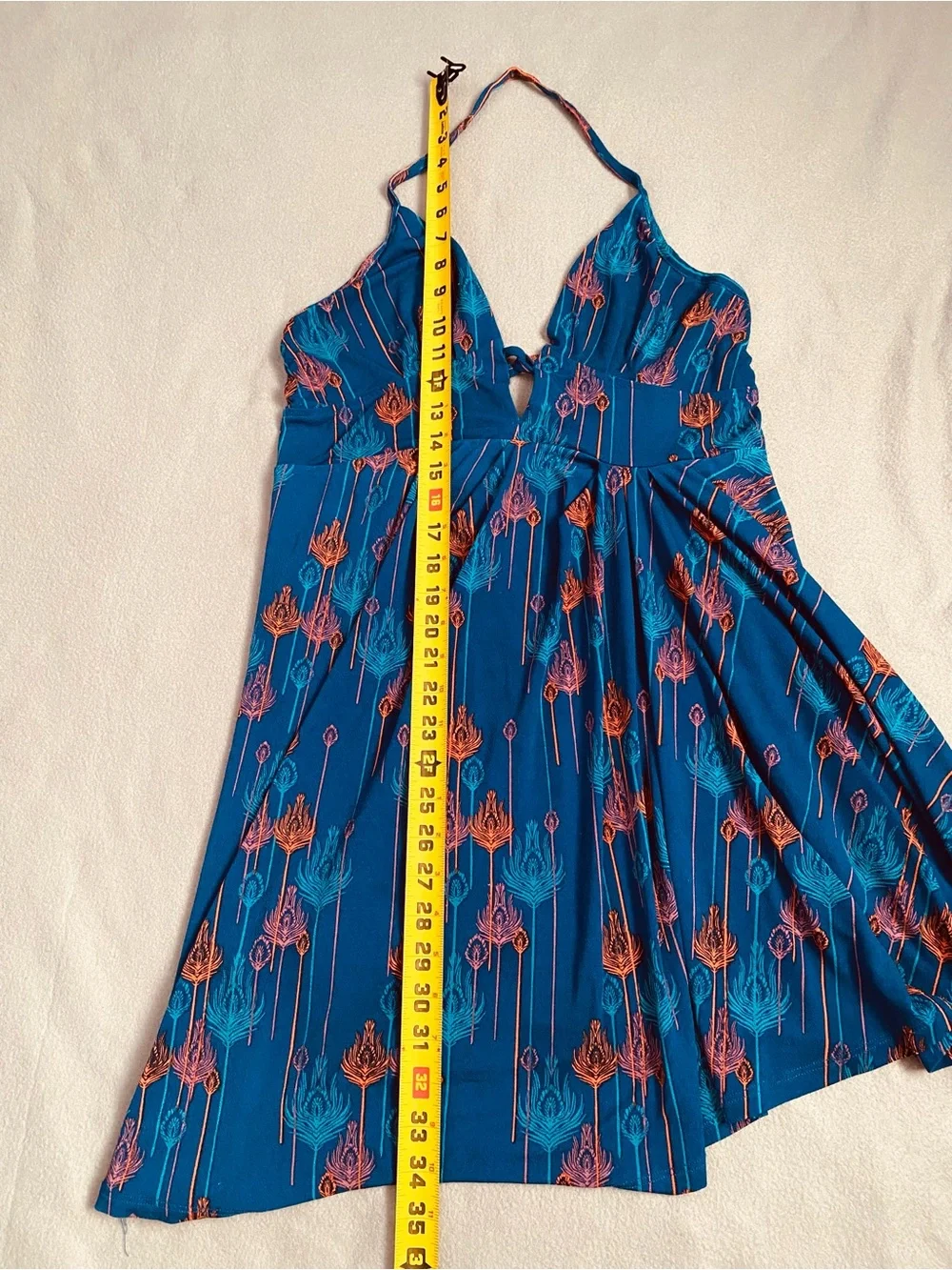 Free People Halter Mini Blue Orange Peacock dress Size M Open Back Asymmetrical